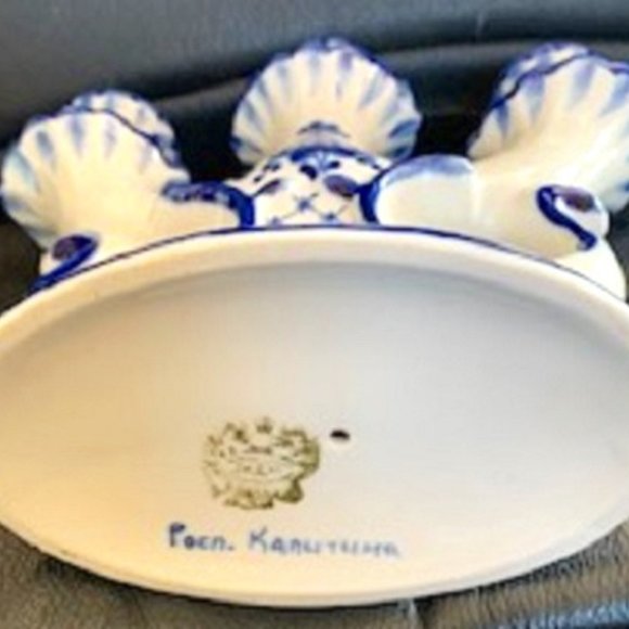 NEW Gzhel Porcelain Tri Candelabra Candlestick Handmade Signed Unique Imported - Picture 4 of 5